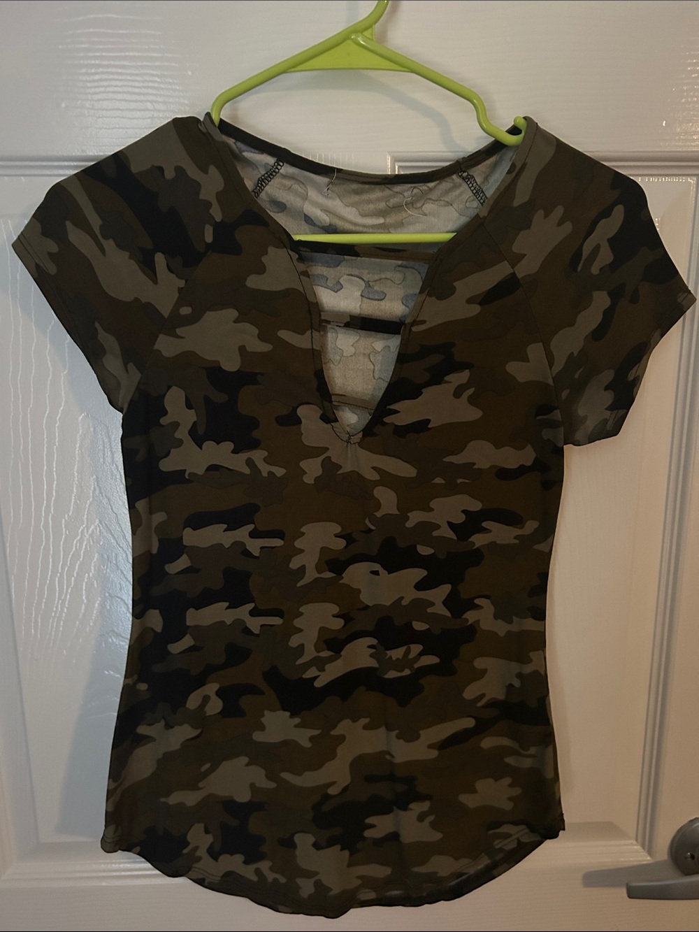 Hand Crafted Olive and Black Camo V-Neck Short Sleeve Top